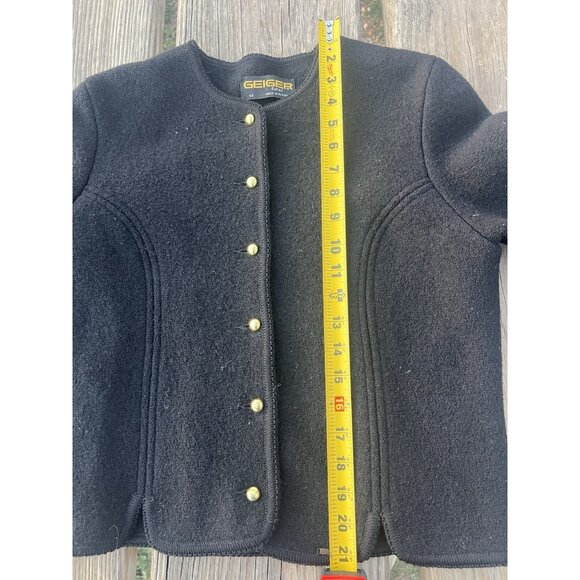 Vintage 90s GEIGER boiled wool black short jacket gold buttons logo sz 42(10) - Picture 7 of 10